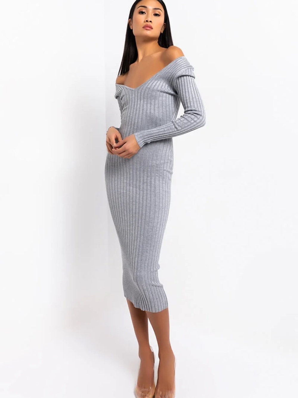 AKIRA Heather Gray Ribbed Knit Long Sleeve Bodycon Midi Dress | Small - Picture 2 of 9